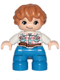 Duplo Figure Lego Ville, Child Boy, Blue Legs, White Checkered Shirt with Belt, Medium Nougat Hair