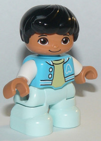 Duplo Figure Lego Ville, Child Boy, Light Aqua Legs, Medium Azure Jacket, Bright Light Yellow Shirt,