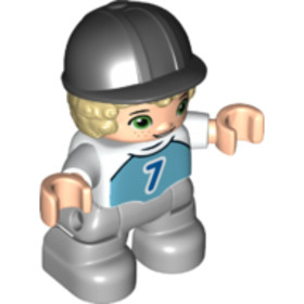 Duplo Figure Lego Ville, Child Boy, Light Bluish Gray Legs, Medium Azure Top with Number 7, Tan Hair