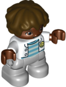 Duplo Figure Lego Ville, Child Boy, Light Bluish Gray Legs, White Jacket, Light Aqua and Medium Azur