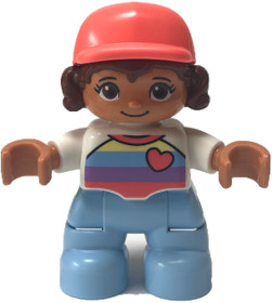 Duplo Figure Lego Ville, Child Girl, Bright Light Blue Legs, White Top with Stripes and Heart, Reddi