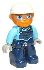 Duplo Figure Lego Ville, Male, Dark Blue Legs, Medium Azure Top with Dark Blue Overalls, White Const