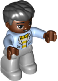 Duplo Figure Lego Ville, Male, Light Bluish Gray Legs, White and Yellow Top with Bright Light Blue J
