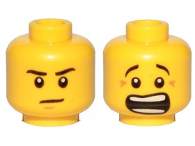 Sárga Minifigura Fej Dupla Festéssel - Ijedt és Morcos arccal