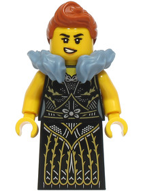 Queen - Black Dress with Gold and Silver Lines, Dark Orange Hair, Sand Blue Fur Collar