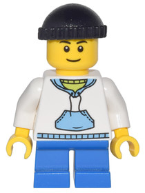 White Hoodie with Blue Pockets, Blue Short Legs, Black Knit Cap
