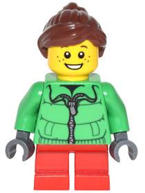 Winter Jacket Zipper, Red Short Legs, Reddish Brown Ponytail and Swept Sideways Fringe