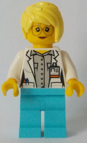 White Shirt over Light Bluish Gray Shirt, Name Tag, Medium Azure Legs, Bright Light Yellow Female Ha