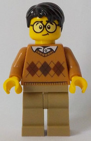 Medium Nougat Argyle Sweater, Dark Tan Legs, Black Hair, Large Round Glasses