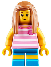 Child - Girl, Bright Pink Striped Shirt with Cat Head, Dark Azure Short Legs with Molded Yellow Stri