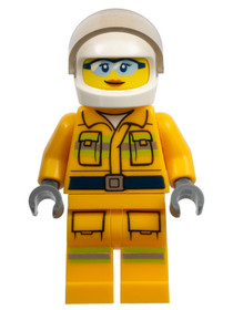 Fire - Reflective Stripes, Bright Light Orange Suit, White Helmet, Safety Glasses, Peach Lips Closed