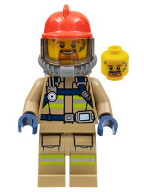 Fire - Reflective Stripes, Dark Tan Suit, Red Fire Helmet, Open Mouth with Goatee, Breathing Neck Ge