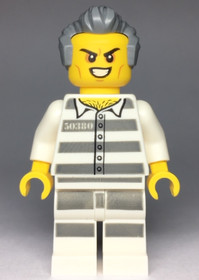 Sky Police - Jail Prisoner 50380 Prison Stripes, Scowl with Teeth, Dark Bluish Gray Hair with Sidebu
