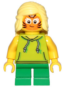 Girl, Lime Hoodie, Green Short Legs, Orange Cat Face Paint