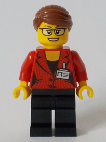 Reporter - Female, Red Suit Jacket with ID Badge, Black Legs, Reddish Brown Hair Swept Back into Bun