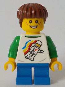 Boy, Classic Space Shirt with Minifigure Floating and Back Print, Blue Short Legs, Reddish Brown Hai