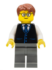 Launch Director - Male, Black Vest with Blue Striped Tie, Dark Bluish Gray Legs, Reddish Brown Short