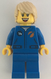 Astronaut - Female, Blue Jumpsuit, Tan Hair Tousled with Side Part, Freckles, Open Smile with Teeth