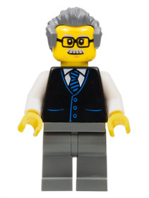 Launch Director - Male, Black Vest with Blue Striped Tie, Dark Bluish Gray Legs, Dark Bluish Gray Ha