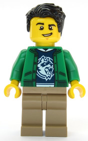 Ski Shop Clerk - Male, Green Jacket over Raccoon Shirt, Black Hair