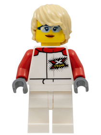 Female, White and Red Jumpsuit with 'XTREME' Logo, Tan Tousled Hair, Sunglasses and Closed Mouth Gri