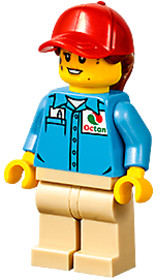 Ground Crew - Female, Medium Blue Shirt with 'Octan' Logo, Tan Legs, Red Ball Cap with Reddish Brown
