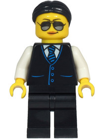Limousine Driver - Female, Black Vest with Blue Striped Tie, Black Legs, Black Hair, Sunglasses and 