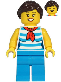 Diner Employee - Female, White and Dark Azure Striped Shirt, Dark Azure Legs, Dark Brown Hair