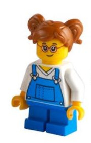 Girl - Blue Overalls over V-Neck Shirt, Dark Orange Hair Short, Parted with Two Pigtails, Red Glasse