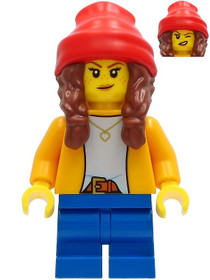 Girl - Bright Light Orange Jacket, Blue Medium Short Legs, Reddish Brown Hair with Braids, Red Beani