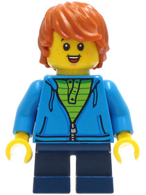 Boy - Dark Azure Hoodie with Green Striped Shirt, Dark Blue Short Legs, Dark Orange Hair, Freckles, 