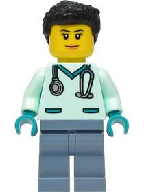 Wildlife Rescue Veterinarian - Female, Light Aqua Scrubs, Sand Blue Legs, Black Hair