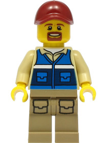 Wildlife Rescue Worker - Male, Dark Red Cap, Blue Vest with 'RESCUE' Pattern on Back, Dark Tan Legs 