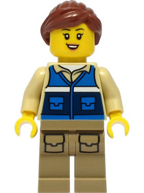 Wildlife Rescue Worker - Female, Blue Vest with 'RESCUE' Pattern on Back, Dark Tan Legs with Pockets