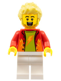 Dynamo Doug - Stuntz Announcer, Red Jacket over Lime Shirt, White Legs, Bright Light Yellow Spiked H
