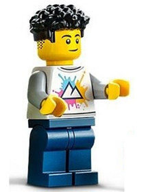 Male, White Shirt with Mountains, Dark Blue Legs, Black Coiled Hair