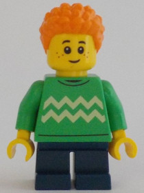 Boy, Bright Green Sweater, Dark Blue Legs, Orange Hair