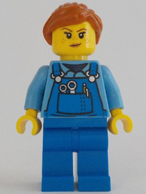 Janitor - Female, Medium Blue Shirt and Blue Overalls, Blue Legs, Dark Orange Hair