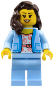 Female, White Shirt with Coral Flowers, Bright Light Blue Jacket and Legs, Dark Brown Hair