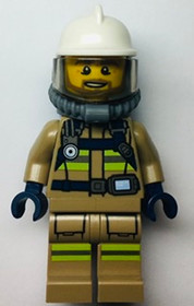 Fire - Reflective Stripes, Dark Tan Suit, White Fire Helmet, Open Mouth with Beard, Breathing Neck G