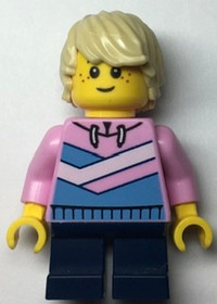 Bright Pink Hoodie, Medium Blue and White Diagonal Stripes, Dark Blue Short Legs, Tan Hair, Freckles