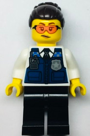 Police - Officer Gracie Goodhart, Dark Blue Vest, Black Pants, Orange Goggles, and Dark Brown Hair w