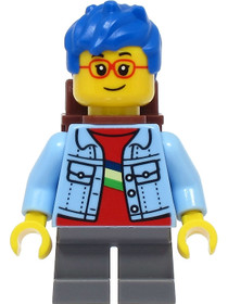 Boy - Bright Light Blue Denim Jacket, Dark Bluish Gray Short Legs, Blue Hair, Reddish Brown Backpack