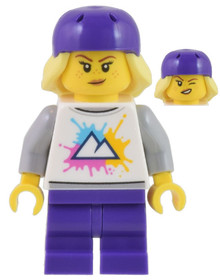 Electric Scooter Rider - White Shirt with Mountains, Dark Purple Medium Legs, Freckles, Dark Purple 