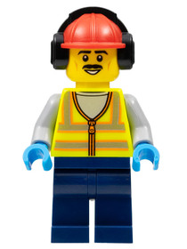Stuntz Crew, Male, Red Hard Hat with Earmuff, Neon Yellow Safety Vest, Dark Blue Legs