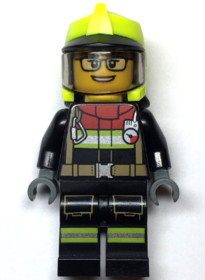 Fire - Female, Black Jacket and Legs with Reflective Stripes and Red Collar, Neon Yellow Fire Helmet