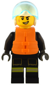Fire - Male, Black Jacket and Legs with Reflective Stripes and Red Collar, White Helmet, Trans-Light