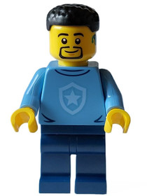 Police - City Officer in Training Male, Medium Blue Shirt with Badge, Dark Blue Legs, Black Hair, Be