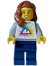 Female - White Shirt with Mountains, Dark Blue Legs, Open Mouth, Reddish Brown Hair