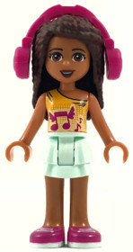 Friends Andrea - Light Aqua Layered Skirt, Bright Light Orange Top with Winged Music Notes, Headphon